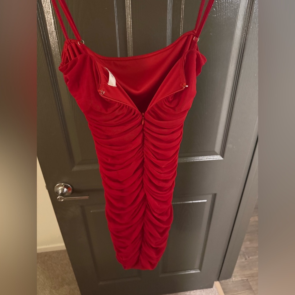 Mini Red Ruched Dress - Picture 4 of 4
